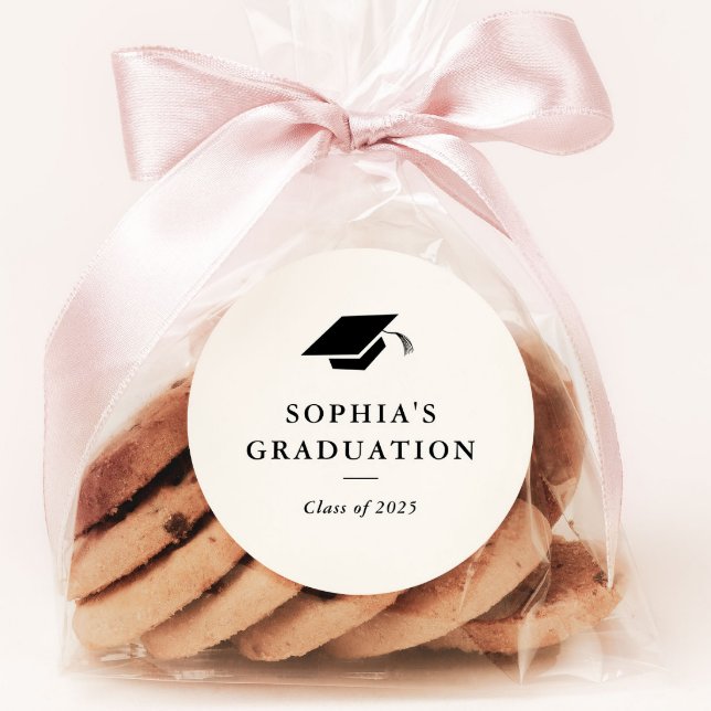 Simple Classic Black and White Graduation Favour Round Sticker (Simple classic graduation party favor sticker.)