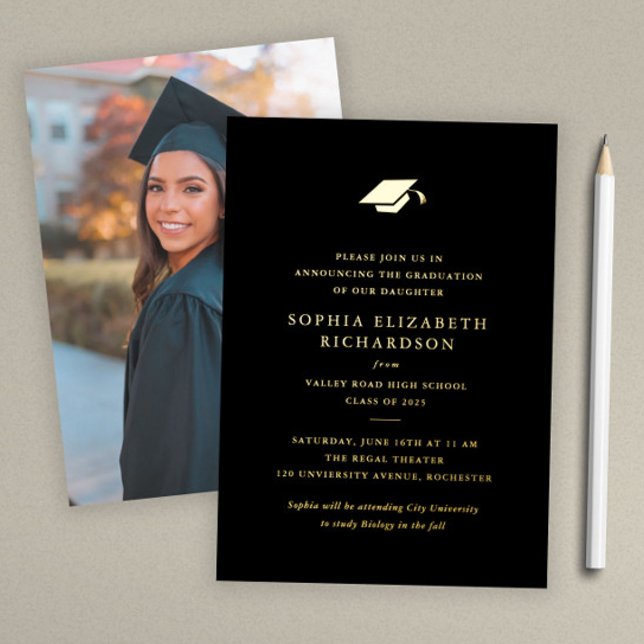 Simple Classic Black and White Photo Graduation  (Simple black and gold foil photo graduation announcement invitation.)