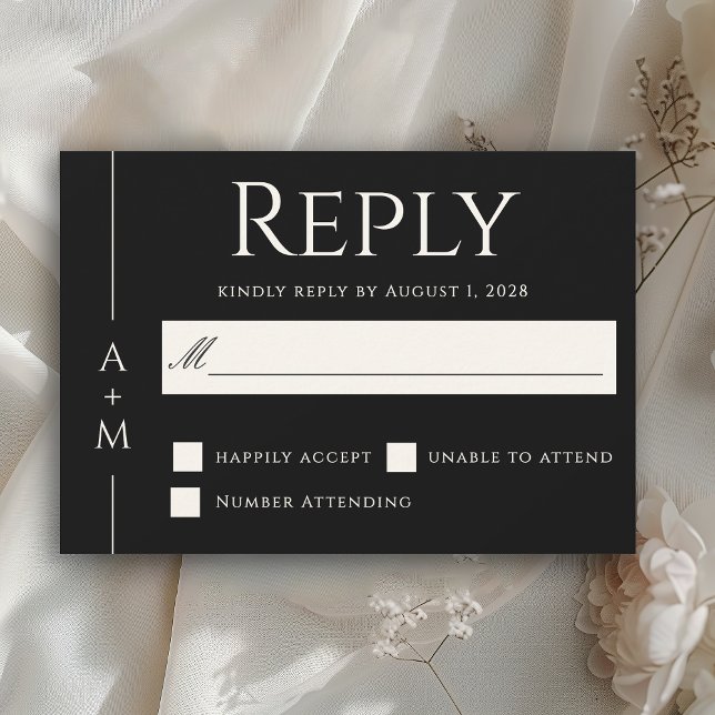 Simple Classic Black Elegant Monogram Wedding RSVP Card (Creator Uploaded)