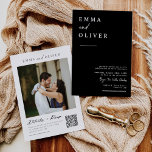 Simple Classic Black Minimal Wedding Photo QR Code Invitation<br><div class="desc">This invitation features a clean and simple block serif typography font and calligraphy in a black background. The simplicity and clean design of this invitation works well with all wedding themes and definitely a great addition to your wedding. Try going green with this all-in-one modern eco-friendly invitation by cutting down...</div>