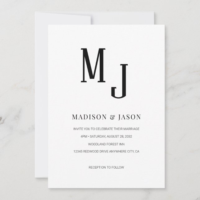 Simple Classic Black Roman Monogram Wedding  Invitation (Front)