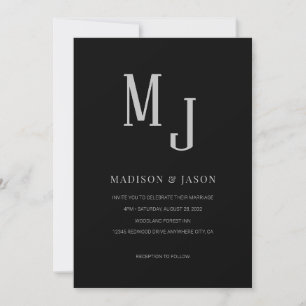 Simple Classic Black Silver Monogram Wedding Invitation