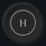 Simple Classic Black with Grey Monogram Paper Plate<br><div class="desc">Simple and elegant with classic styling, this design features a double-lined border in a tasteful shade of neutral grey over a stylish black background. The border is perfectly symmetrical, framing the monogram initial in the centre of the design. Personalise the text template with your monogram initial. These plates are great...</div>