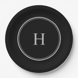 Simple Classic Black with Grey Monogram Paper Plate