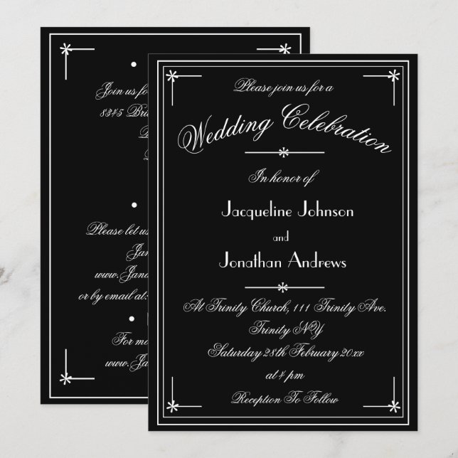 Simple Classic Black with White All In One Wedding Invitation (Front/Back)