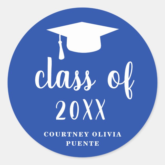 Simple Classic Blue and White Graduation Cap Classic Round Sticker (Front)
