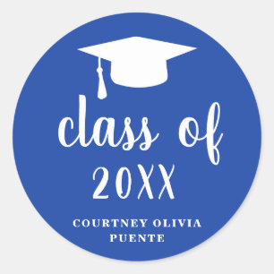 Simple Classic Blue and White Graduation Cap Round Sticker