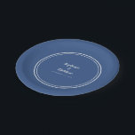 Simple Classic Blue Modern Bride & Groom Wedding Paper Plate<br><div class="desc">Simple, minimalist and chic Wedding party plates feature the names of the bride and groom with the wedding event date in elegant white lettering and script. This modern design includes a double framed border in crisp white on a minimalist classic blue background. Personalise with your wedding details! Perfect for your...</div>