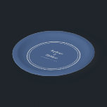 Simple Classic Blue Modern Bride & Groom Wedding Paper Plate<br><div class="desc">Simple, minimalist and chic Wedding party plates feature the names of the bride and groom with the wedding event date in elegant white lettering and script. This modern design includes a double framed border in crisp white on a minimalist classic blue background. Personalise with your wedding details! Perfect for your...</div>