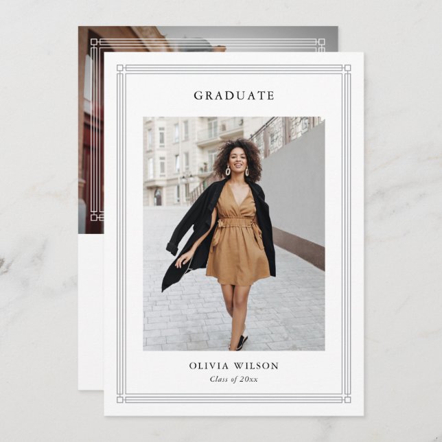 Simple Classic Border 2 Photo Elegant Graduation Announcement (Front/Back)