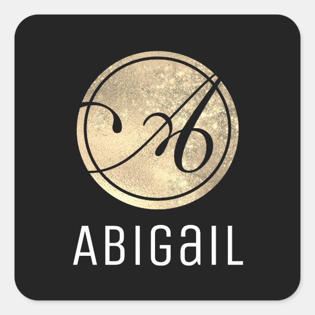 Simple Classic Calligraphy Gold & Black Monogram Square Sticker (Front)