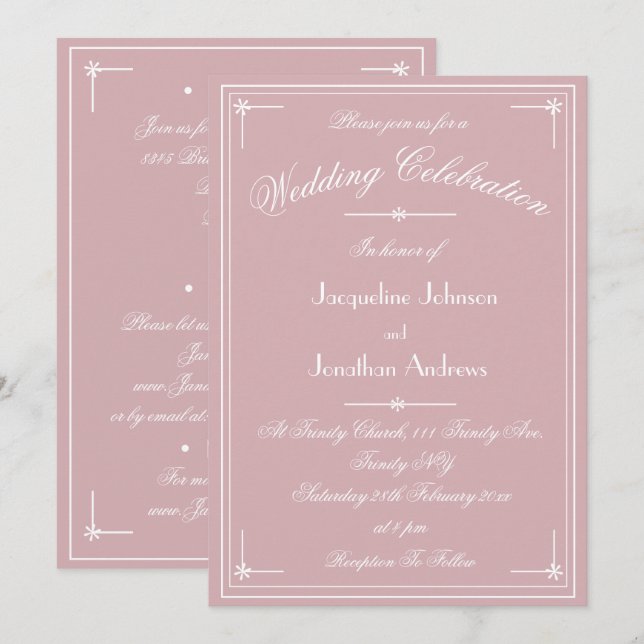 Simple Classic Dusty Pink All In One Wedding Invitation (Front/Back)