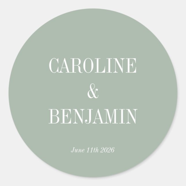 Simple Classic Elegant Dusty Sage Custom Wedding Classic Round Sticker (Front)