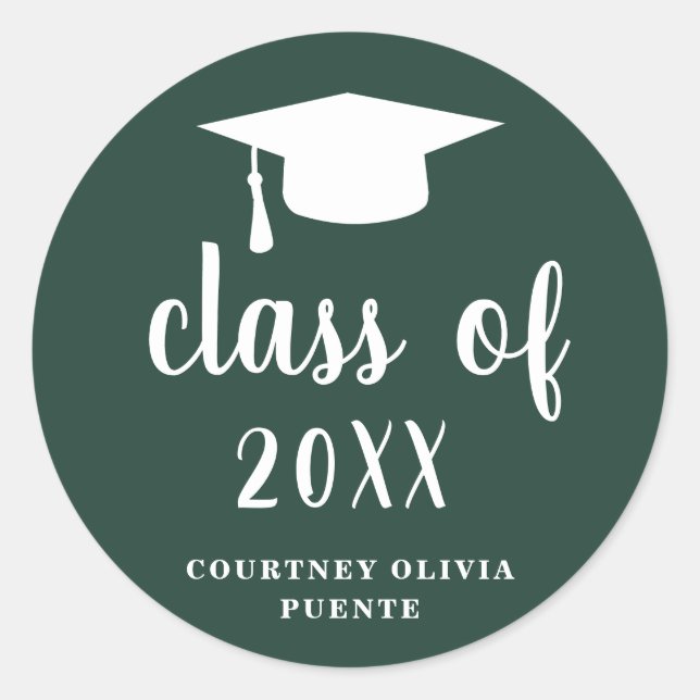 Simple Classic Forest Green White Graduation Cap Round Sticker (Front)