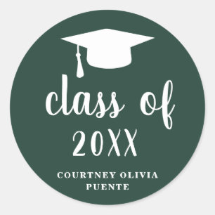 Simple Classic Forest Green White Graduation Cap Round Sticker
