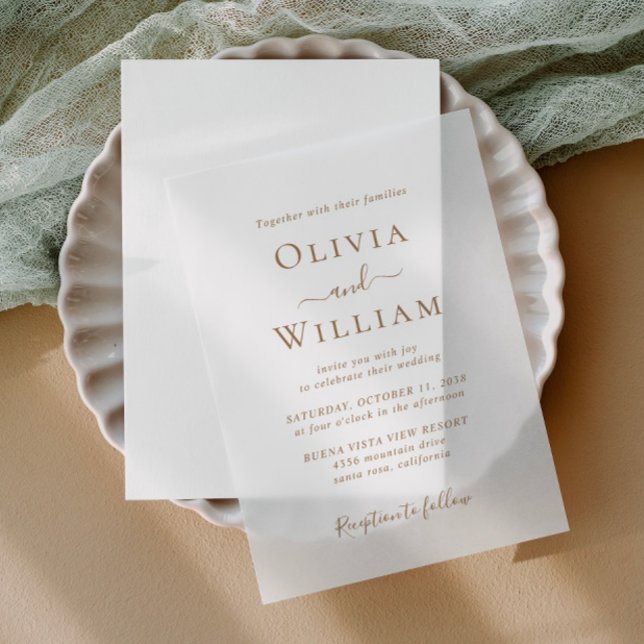 Simple Classic Gold Lettering Wedding Vellum Invitations (Elevate your wedding reception invitations with the timeless beauty of vellum overlays)