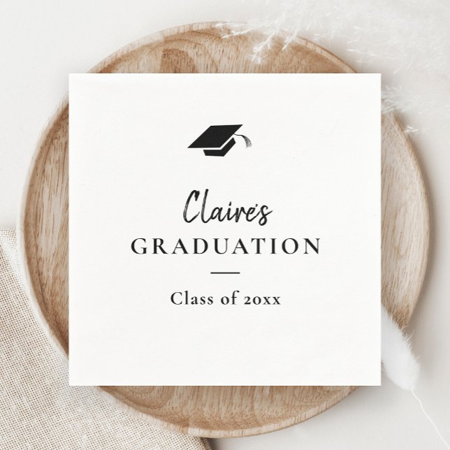 Simple Classic Graduation  Napkin (Modern Handwritten Black and White Cap Graduation Party Napkins.)