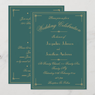 Simple Classic Green & Gold All In One Wedding Invitation