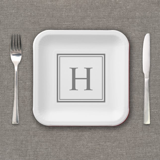 Simple Classic Grey Monogram on White Paper Plate (Personalize this party plate with your monogram initial.
)