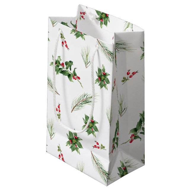Simple Classic Holly Berry Watercolor Christmas Small Gift Bag (Front Angled)