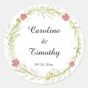 Simple Classic Leafy Floral Wreath Wedding Round Sticker