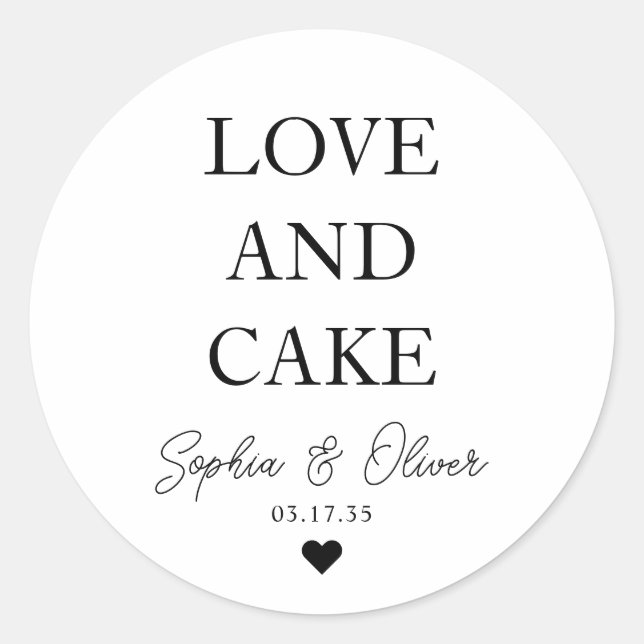Simple Classic LOVE AND CAKE Heart Wedding Favour Round Sticker (Front)