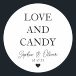 Simple Classic LOVE AND CANDY Heart Wedding Favour Classic Round Sticker<br><div class="desc">A Classic Black Thank You Wedding Sticker featuring "Love and Candy" in a classic modern elegant font. 
You can easily personalised it with your names and wedding date.</div>