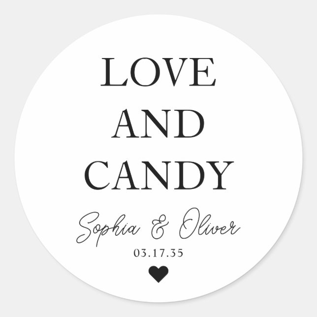 Simple Classic LOVE AND CANDY Heart Wedding Favour Round Sticker (Front)