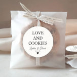 Simple Classic LOVE COOKIES Heart Wedding Favour Round Sticker<br><div class="desc">A Classic Black Thank You Wedding Sticker featuring "Love and Cookies" in a classic modern elegant font. 
You can easily personalised it with your names and wedding date.</div>