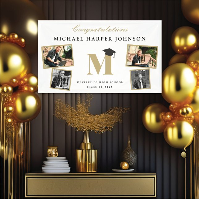 Simple Classic Monogram 4 Photo Graduation Party Banner (Simple Classic Gold / White Monogram 4 Photo Graduation Party Banner @ www.zazzle.com/color_therapy)
