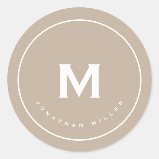 Simple Classic Monogram Beige Round Sticker (Front)