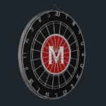 Simple Classic Monogram Black Red Dartboard<br><div class="desc">Modern black dart board with simple red monogram medallion with classic block typography initial in white. Personalise with monogram initial; use customise menu to change background colour or typography.</div>