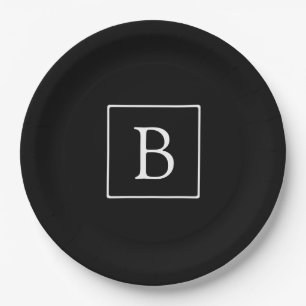 Simple Classic Monogram   Black w/ White Text Paper Plate