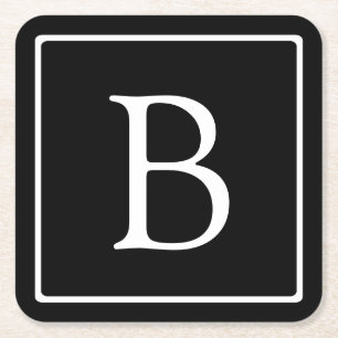 Simple Classic Monogram   Black w/ White Text Square Paper Coaster