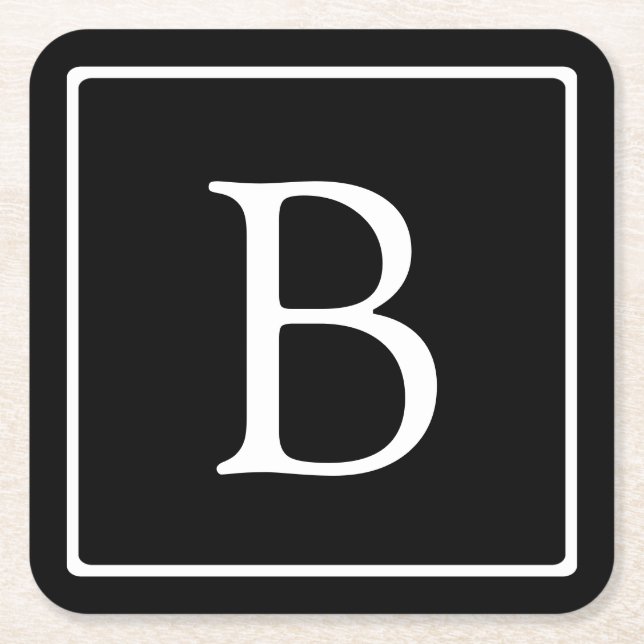 Simple Classic Monogram | Black w/ White Text Square Paper Coaster (Front)