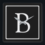 Simple Classic Monogram | Black w/ White Text Square Wall Clock<br><div class="desc">Minimal and classy.</div>