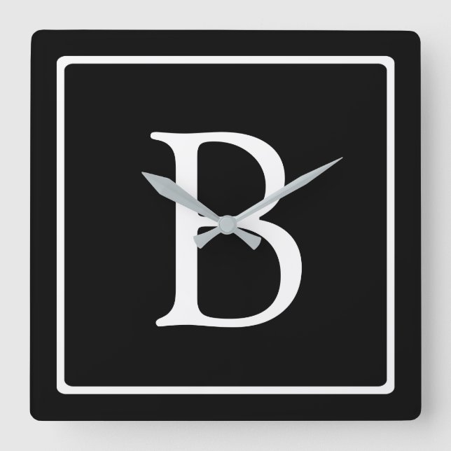 Simple Classic Monogram | Black w/ White Text Square Wall Clock (Front)