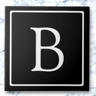 Simple Classic Monogram   Black w/ White Text Tile