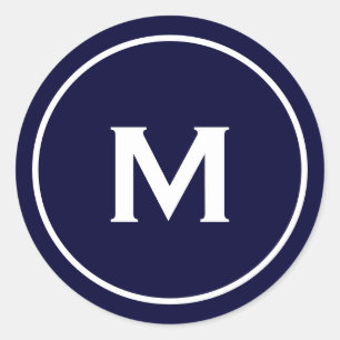Simple Classic Monogram Navy Blue White Classic Round Sticker