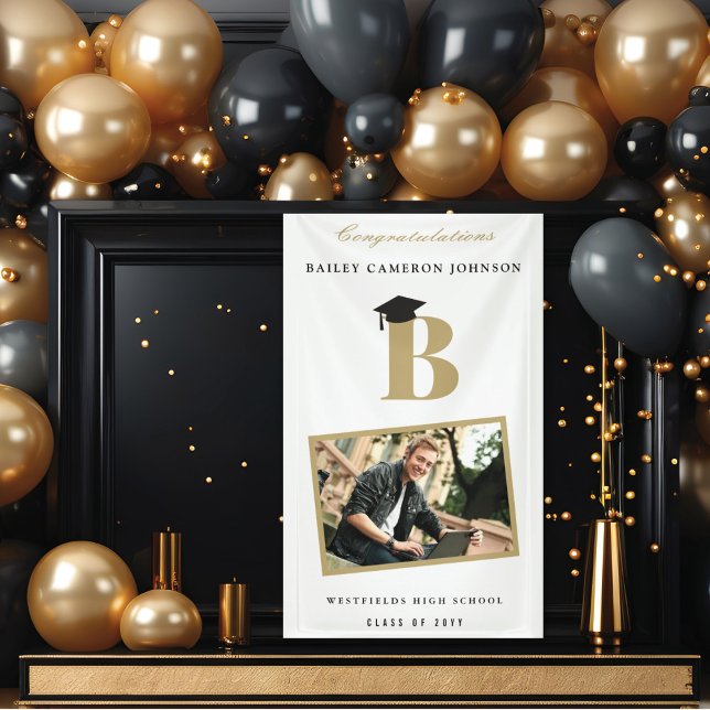 Simple Classic Monogram Photo Graduation Party Banner (Simple Gold Classic Monogram Modern Photo Graduation Party Banner @ www.zazzle.com/color_therapy)