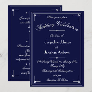 Simple Classic Navy Blue White All In One Wedding Invitation