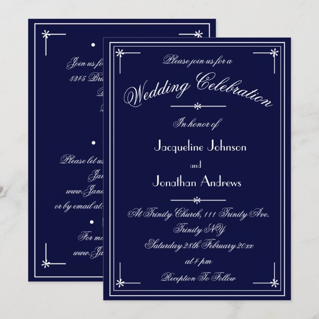 Simple Classic Navy Blue White All In One Wedding Invitation (Front/Back)