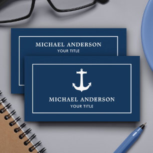 Simple Classic Navy Blue White Nautical Anchor Business Card