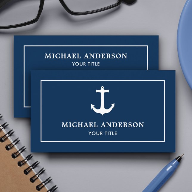 Simple Classic Navy Blue White Nautical Anchor Business Card (Creator Uploaded)