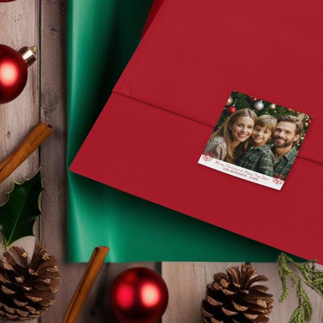 Simple Classic Red Snowflakes one photo  Square Sticker (Simple Classic Red Snowflakes one photo Square Sticker)