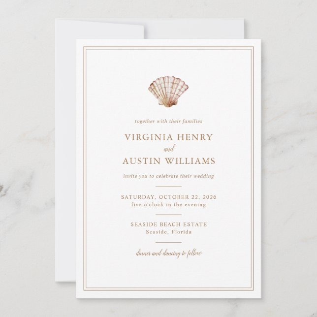 Simple Classic Seashell Beach Wedding Invitation (Front)