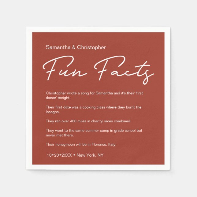 SImple Classic Terra Cotta Wedding fun facts  Napkin (Front)