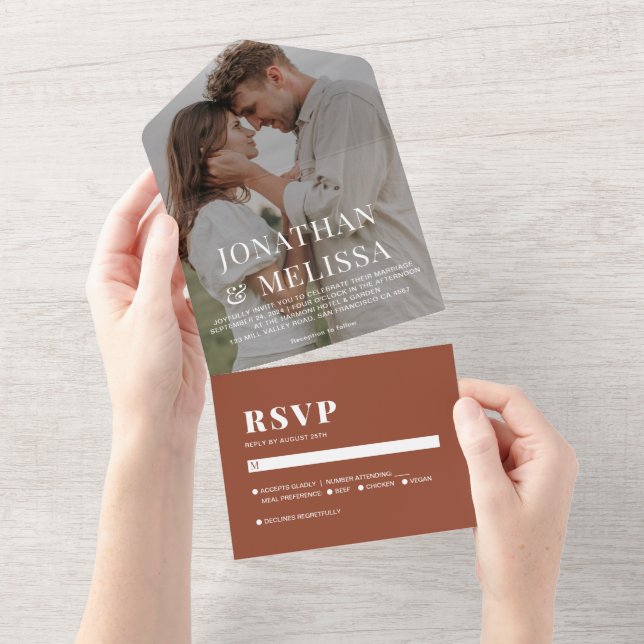 Simple Classic Terracotta Photo Overlay Wedding All In One Invitation (Tearaway)