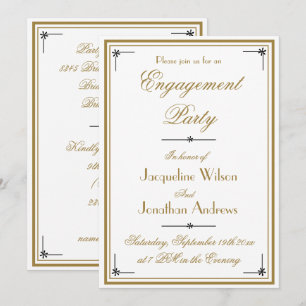 Simple Classic White with Gold Script Engagement Invitation