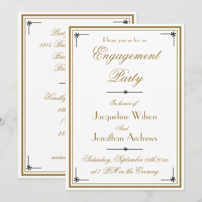 Simple Classic White with Gold Script Engagement Invitation (Front/Back)